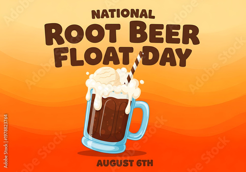 National Root Beer Float Day celebration with a glass of root beer float on a colorful background