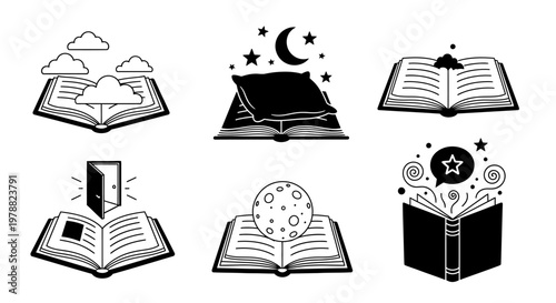 Collection of open book illustrations with creative concepts.