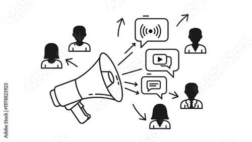 Internal Communication Icon: Megaphone with Speech Bubbles and People for Broadcast Message, Staff Announcement, HR News, and PR Line Art Vector