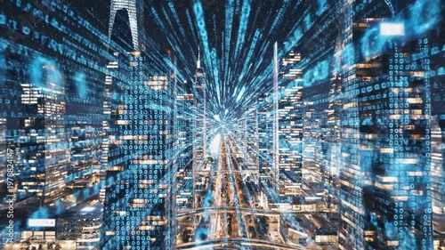 Futuristic Cityscape with Data Streams and Night Sky
