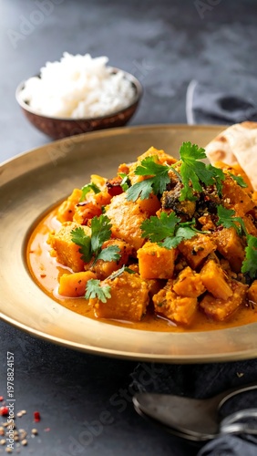 Close-up of a plated, rich, spiced orange dish with white rice, cilantro, and bread. Dark, textured background