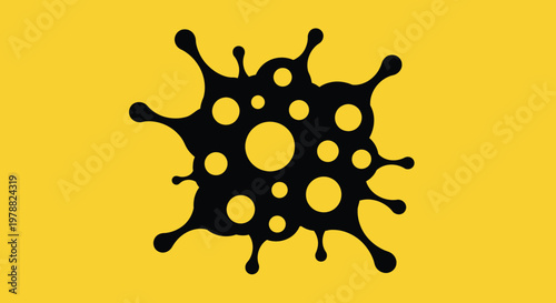 A striking black amoeba like shape with multiple circular voids against a vivid yellow background