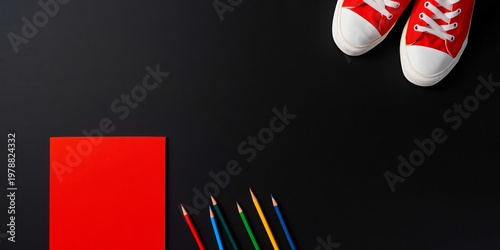 Shoes and Colored Pencils on a Black Surface With a Red Notebook During the Day
