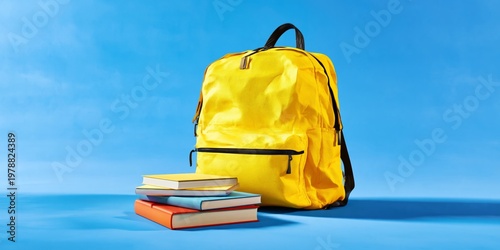 Bright Yellow Backpack With Apples and Books on Blue Background for Back to S...