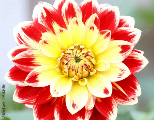 Close-up of a vibrant flower with alternating red and cream-colored petals around a yellow center, with a soft background