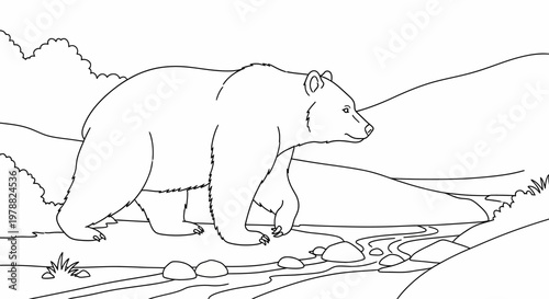 Black and white line art illustration of a grizzly bear walking.