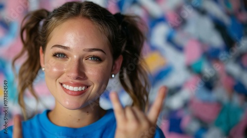 Girl Making Hand Signs in Front of Colorful Wall During Daytime