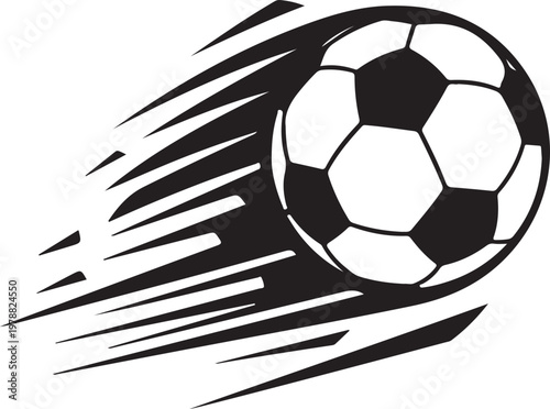Dynamic soccer ball flying with speed motion trails, black and white football vector, athletic sports competition icon