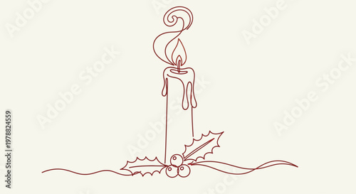 Minimalist continuous line drawing of a Christmas candle with holly berries.