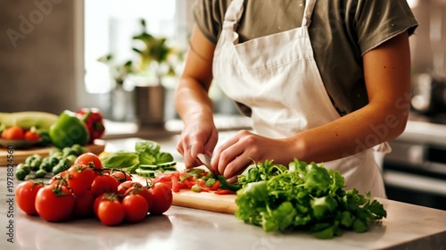 Chef Prepares Fresh Vegetables on a Wooden Cutting Board in a Bright Kitchen ...