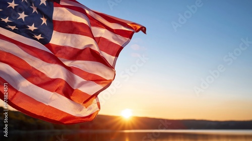 Flag on Water With Sunset View Over Horizon and Soft Colors in Sky