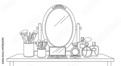 Hand drawn vanity table with mirror and cosmetics outline sketch.
