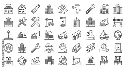 Collection of construction icons depicting buildings tools machinery and safety equipment in linear style