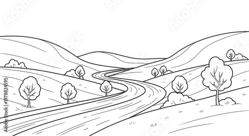 Hand drawn coloring page featuring a winding road through rolling hills and trees.