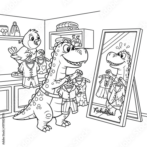 Cute cartoon dinosaur trying on clothes in front of mirror with bird helper.