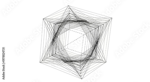 Abstract geometric wireframe cube structure with spherical distortion.