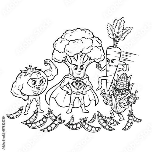 Superhero vegetables cartoon characters standing together coloring page for children.