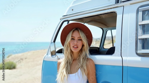 Woman Stands Beside a Blue Van Near the Beach on a Sunny Day