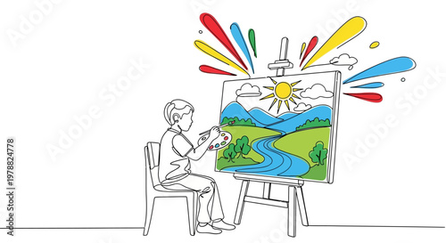 A young child painting a vibrant landscape on a canvas set on an easel.