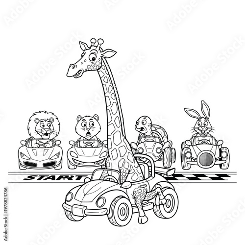 Cartoon animals racing in cars with a giraffe, lion, hamster, turtle and rabbit at the start line.