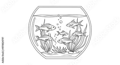 Hand drawn illustration of an aquarium with swimming fish and aquatic plants.