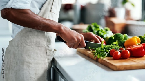 Chef Prepares Fresh Vegetables on a Wooden Cutting Board in a Bright Kitchen ...