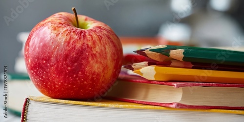 Stack of Books With a Red Apple on Top Placed Near Colored Pencils in a Class...
