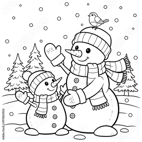 Two happy snowmen dressed in winter clothing stand in a snowy landscape with trees and falling snowflakes.