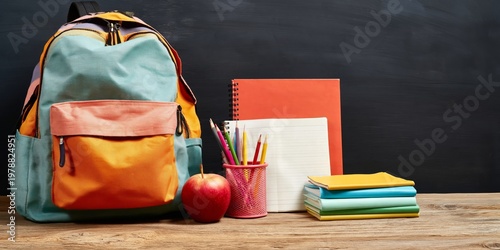 Backpack, Apple, Colored Pencils, and Notebook on a Dark Table Surface