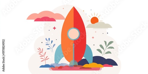 Creative Workspace Setup With Colorful Stationery and a Rocket Model on a Blu...