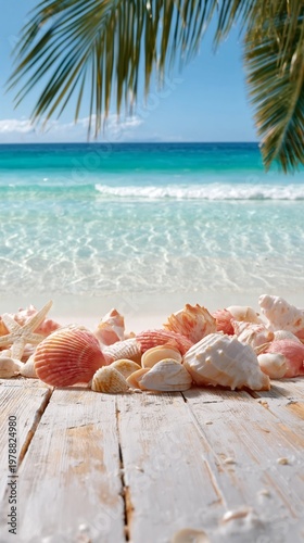 Colorful Seashells and Starfish Arranged on a Blue Wooden Surface for Summer ...