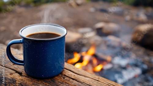 Enjoying Coffee by the Campfire in the Woods During the Early Morning Hours
