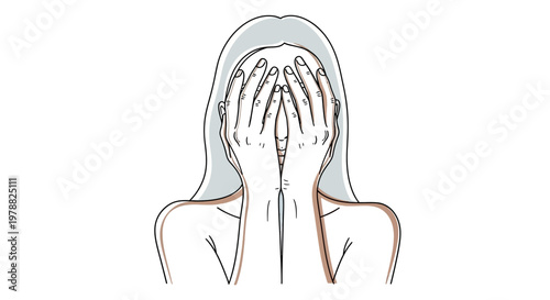 Minimalist line art illustration of a woman covering her face with both hands.