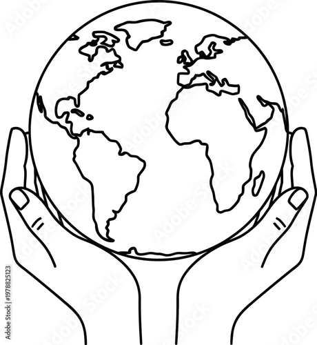 Hands holding a delicate earth globe illustration in simple black line art style representing global unity and environmental protection for our fragile planet today worldwide