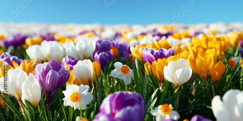 Colorful Flowers Bloom in a Field Under a Clear Sky on a Sunny Day in Spring