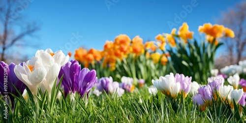 Colorful Flowers Bloom in a Field Under a Clear Sky on a Sunny Day in Spring