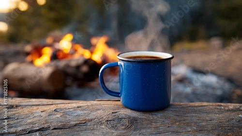 Enjoying Coffee by the Campfire at Dawn in the Woods