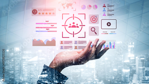 Φωτογραφία Hand displays a digital interface showcasing user analytics and social media metrics, blending technology with modern cityscapes to illustrate data visualization