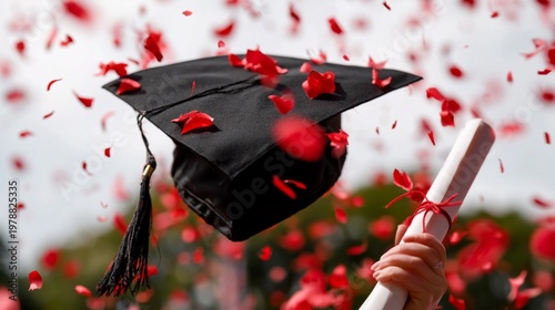 Graduation Cap and Diploma on a Table With Colorful Confetti Scattered Around