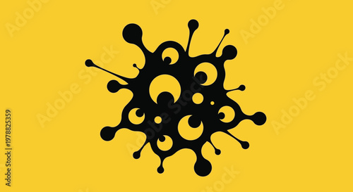 A striking black silhouette of a virus like form dominates a vibrant golden yellow background