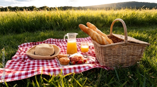 Picnic Setup With Various Food Items and Drinks in a Grassy Area During Sunset