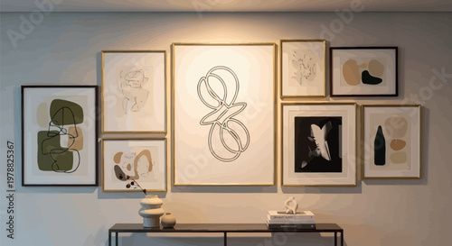 An elegantly curated gallery wall showcasing a diverse collection of framed abstract and minimalist art prints with contemporary decor above a stylish console table.