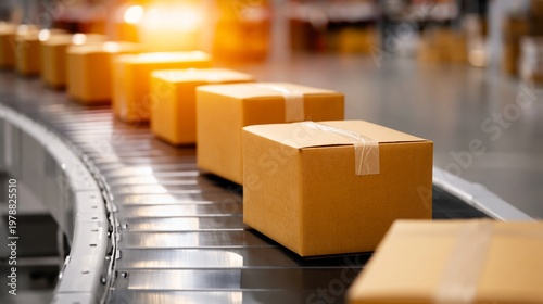 Boxes Move on a Conveyor Belt in a Warehouse During the Daytime