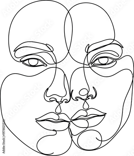 Minimalist continuous line art illustration showing two abstract faces joined together to represent connection unity love and the duality of human nature in simple black ink