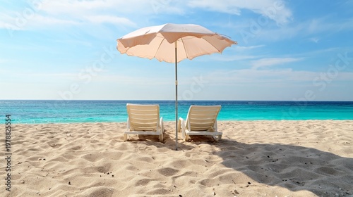 Two Beach Chairs With an Umbrella on the Sand Near the Ocean in Bright Daylight