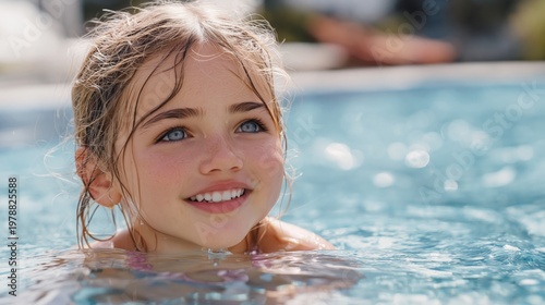 Girl Smiles and Swims With Goggles in Bright Blue Pool Water During Sunny Day