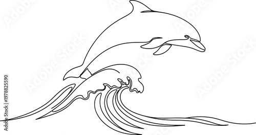 Minimalist single line drawing of a majestic dolphin leaping gracefully over a flowing ocean wave captured in a simple elegant and continuous black ink sketch