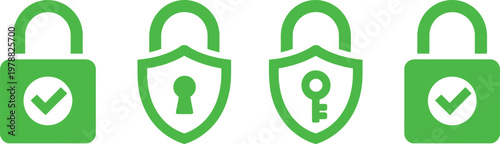 Security lock icon set, vector collection of shield and circle lock symbols with check mark for cybersecurity protection data safety and secure access design.
