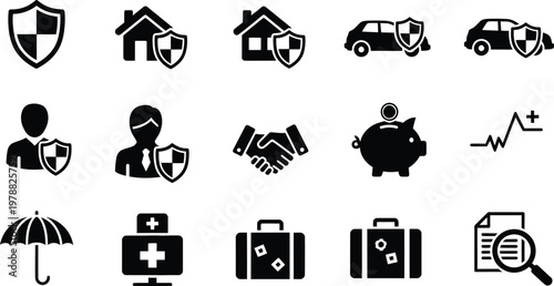 Collection of insurance and safety protection icons for personal and business security with insurance, security