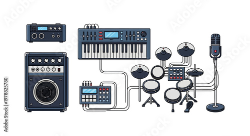 Electronic music production studio equipment setup.